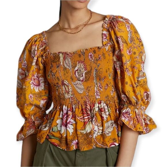 Anthropologie Tops - Anthropologie Conditions Apply Smocked Sweetheat Blouse XS NWT